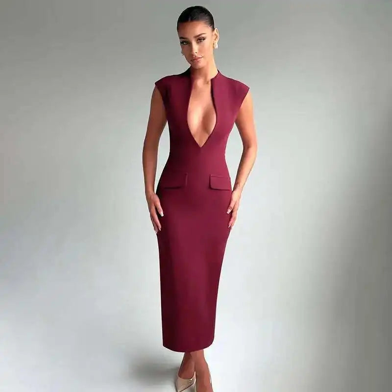 Deep Neck Short Sleeve Solid Midi Dress