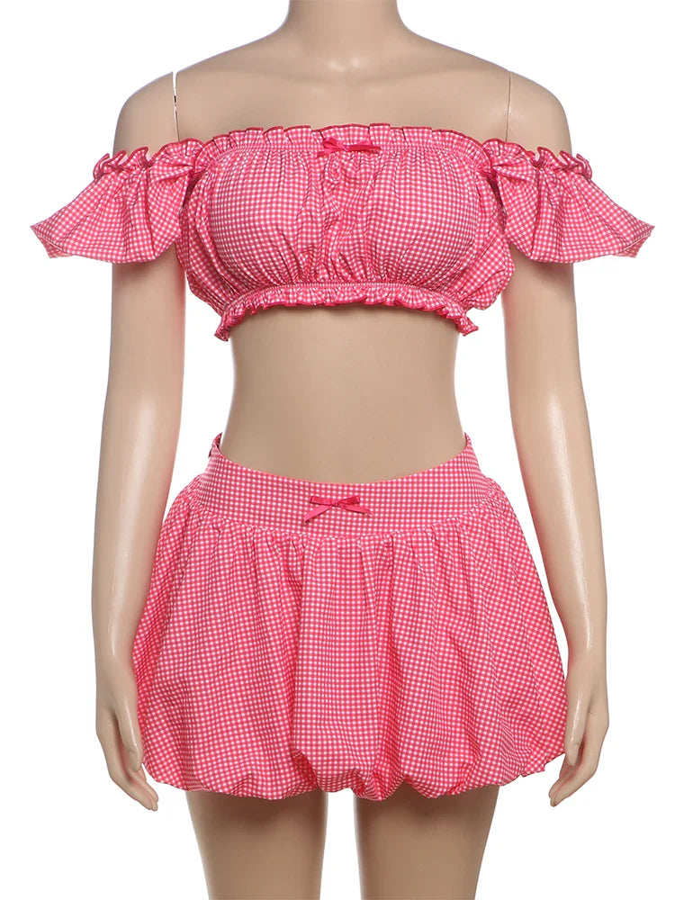 Pink Plaid Off shoulder Crop Top And Mini Skirt Set