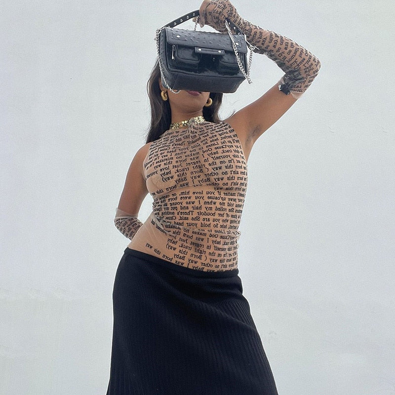 Mesh Letter Print Sleeveless Top With Gloves