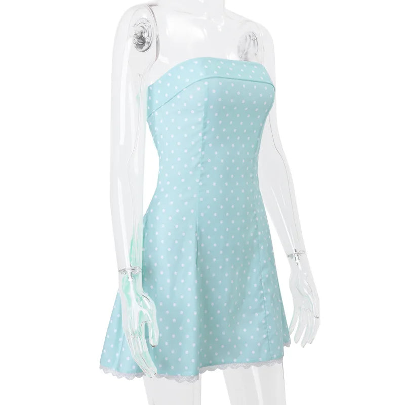 Blue Strapless Polka Dot Mini Dress