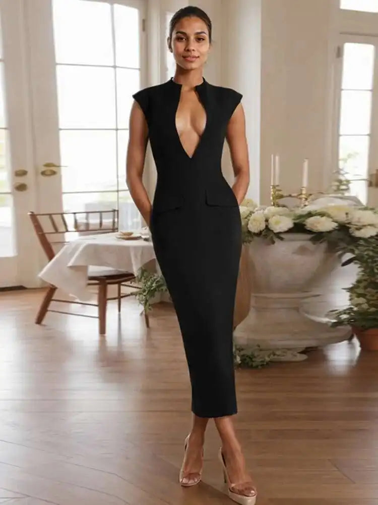 Deep Neck Short Sleeve Solid Midi Dress