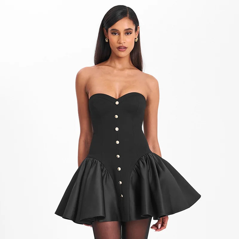 Black Flare Gold Buttoned Strapless Mini Dress