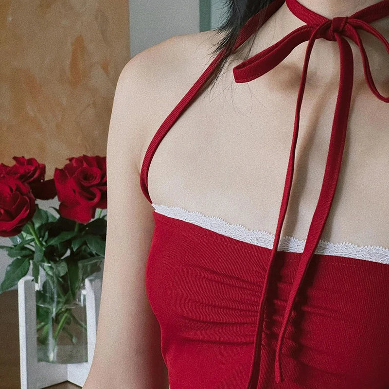 Red Lace Tie Up String Top