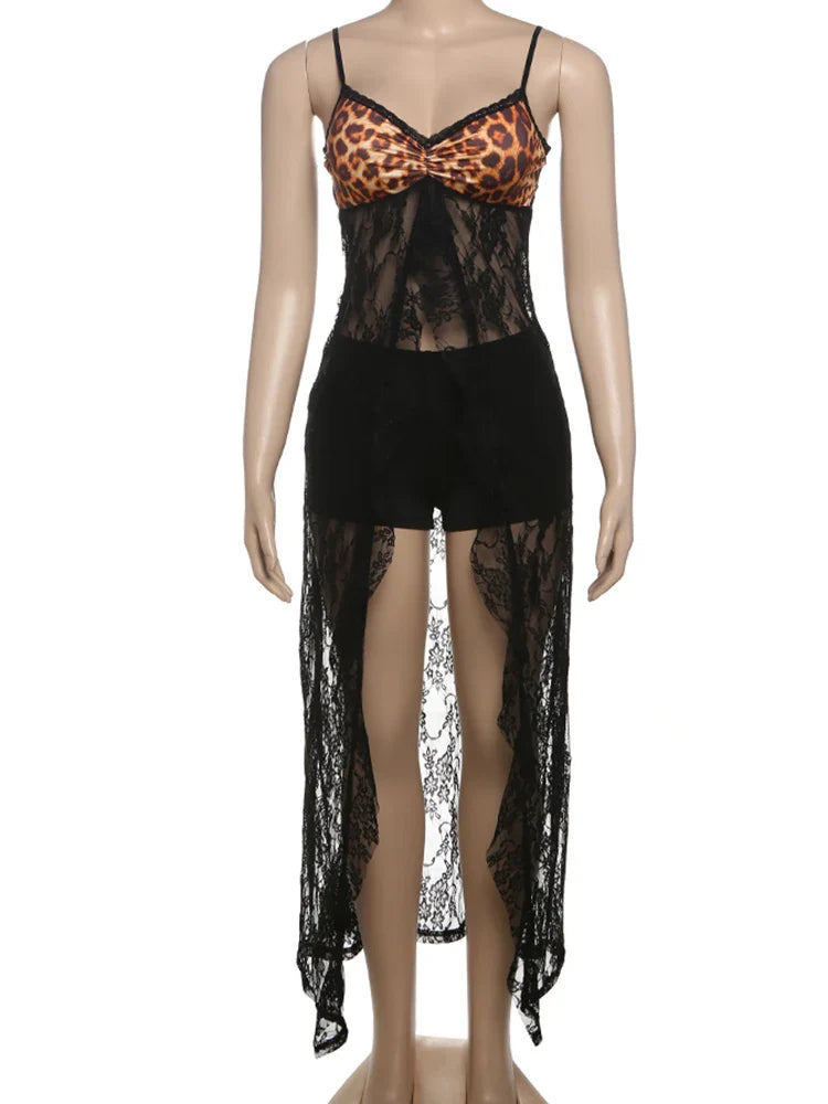 Leopard Print Lace Slit Top And Shorts Set