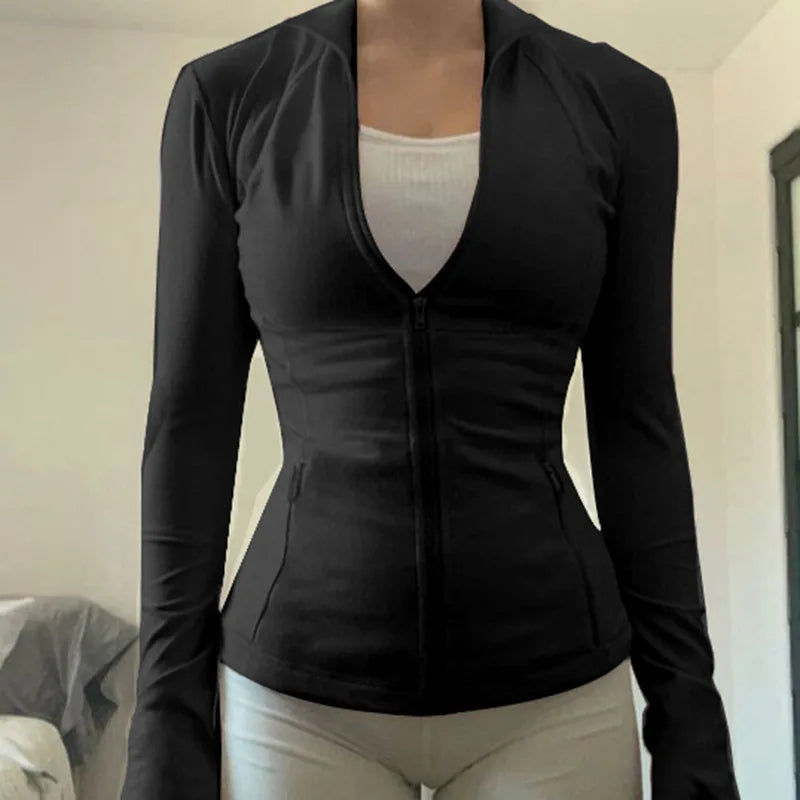 Solid Zipper Hoodie Sports Yoga Top