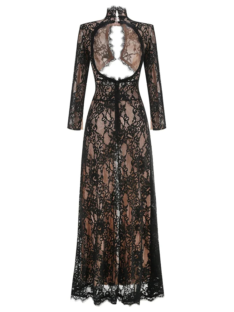 Black Lace Cut Out Long Sleeve Slit Maxi Dress