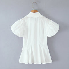 White Peter Pan Collar Short Puff Sleeve Shirt