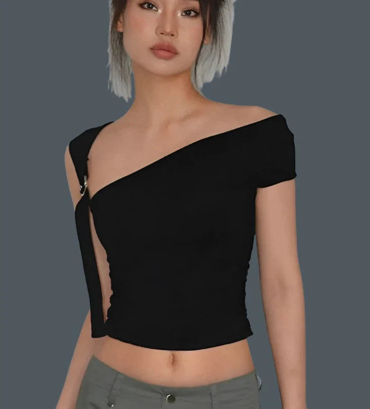 Asymmetric Strap Buckle Sleeve Crop Top