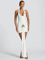 Halter Metal Flower Draped Ruched Mini Dress