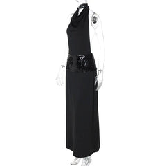 Black Halter Backless Sequin Patchwork Maxi Dress