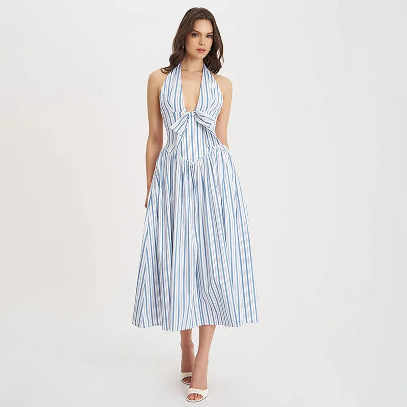 Blue Stripe Deep Neck Maxi Dress