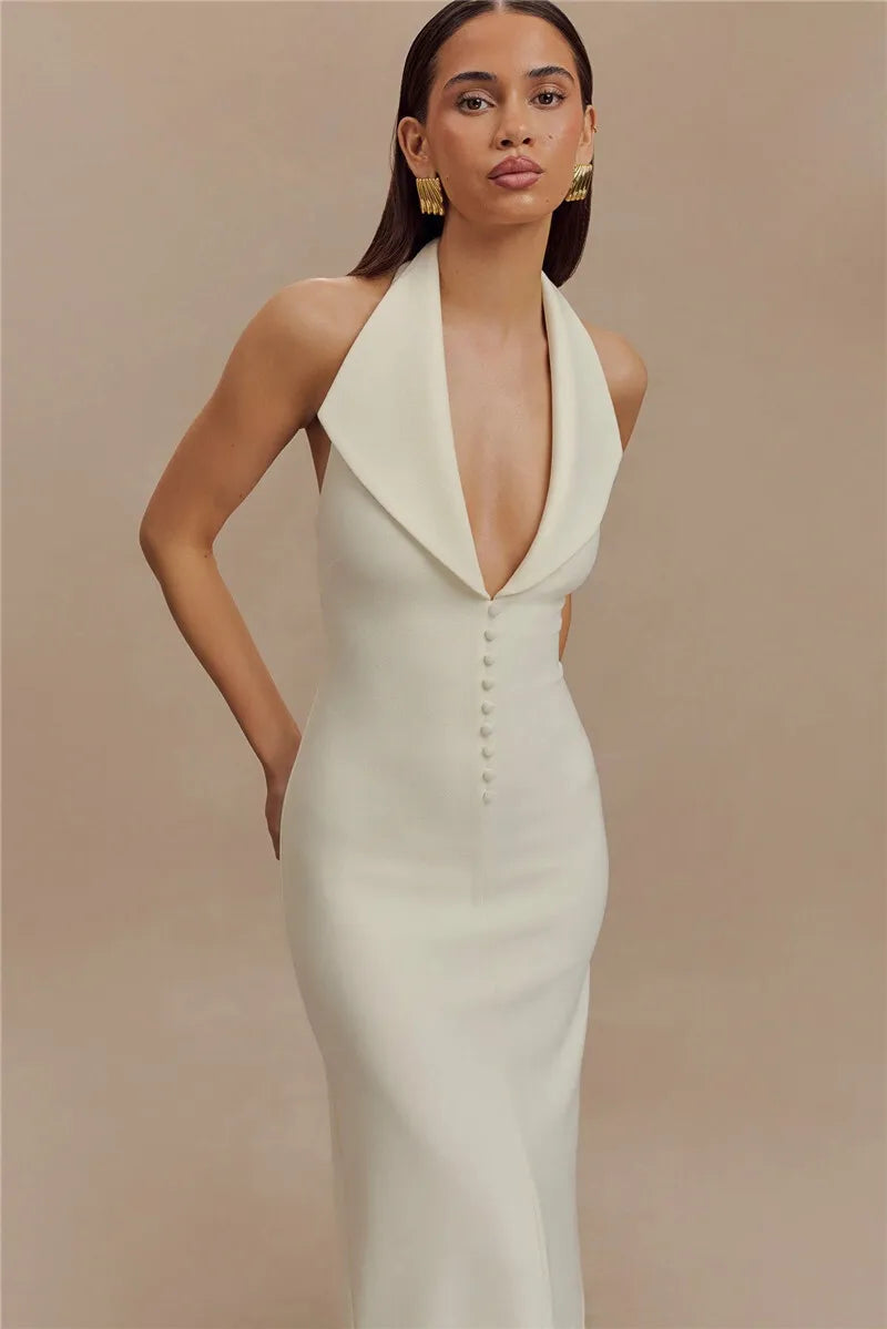 Deep Neck Large Collar Buttoned Halter Midi Dress