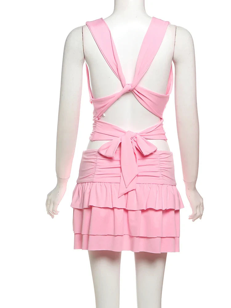 Deep Neck Back Tie Up Crop Top And Frill Mini Skirt Set