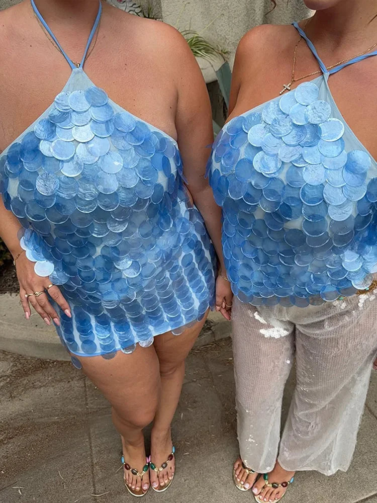 Blue Sequin Halter Tank Top Mini Skirt Sets
