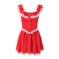 Ruffles Off-shoulder Button Polka Dot Mini Dress