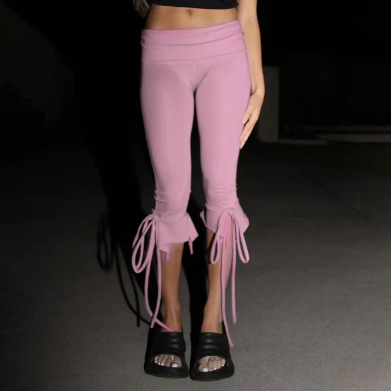 Solid Tie-up Ruffles Hem Capri Pants
