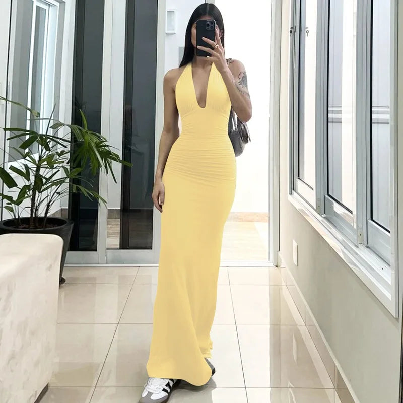 Deep Neck Halter Bodycon Maxi Dress