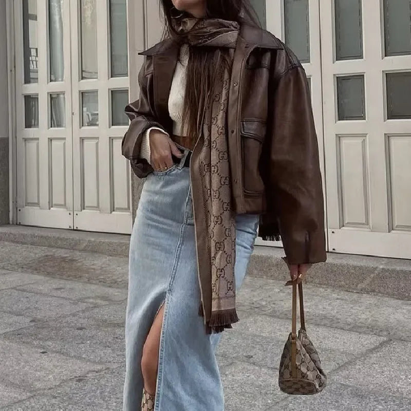 Gradient Brown PU Leather Jacket