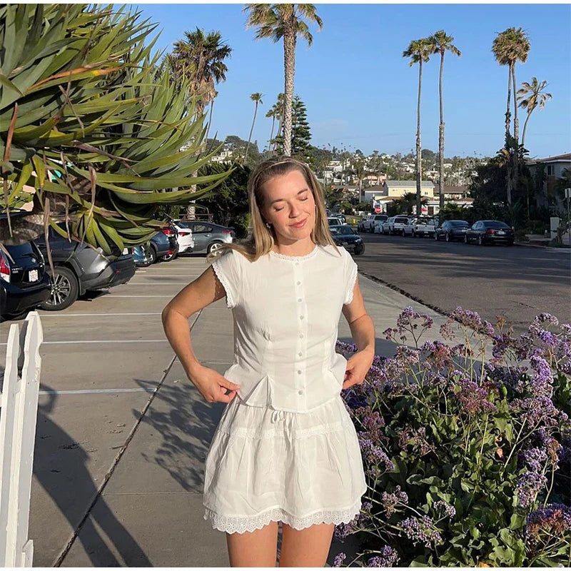 White Short Sleeve Top And Mini Skirt Set