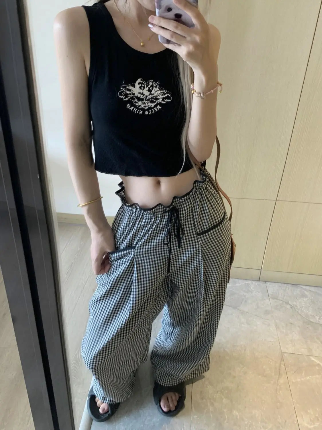 Black Plaid Drawstring Wide Leg Palazzo Pants