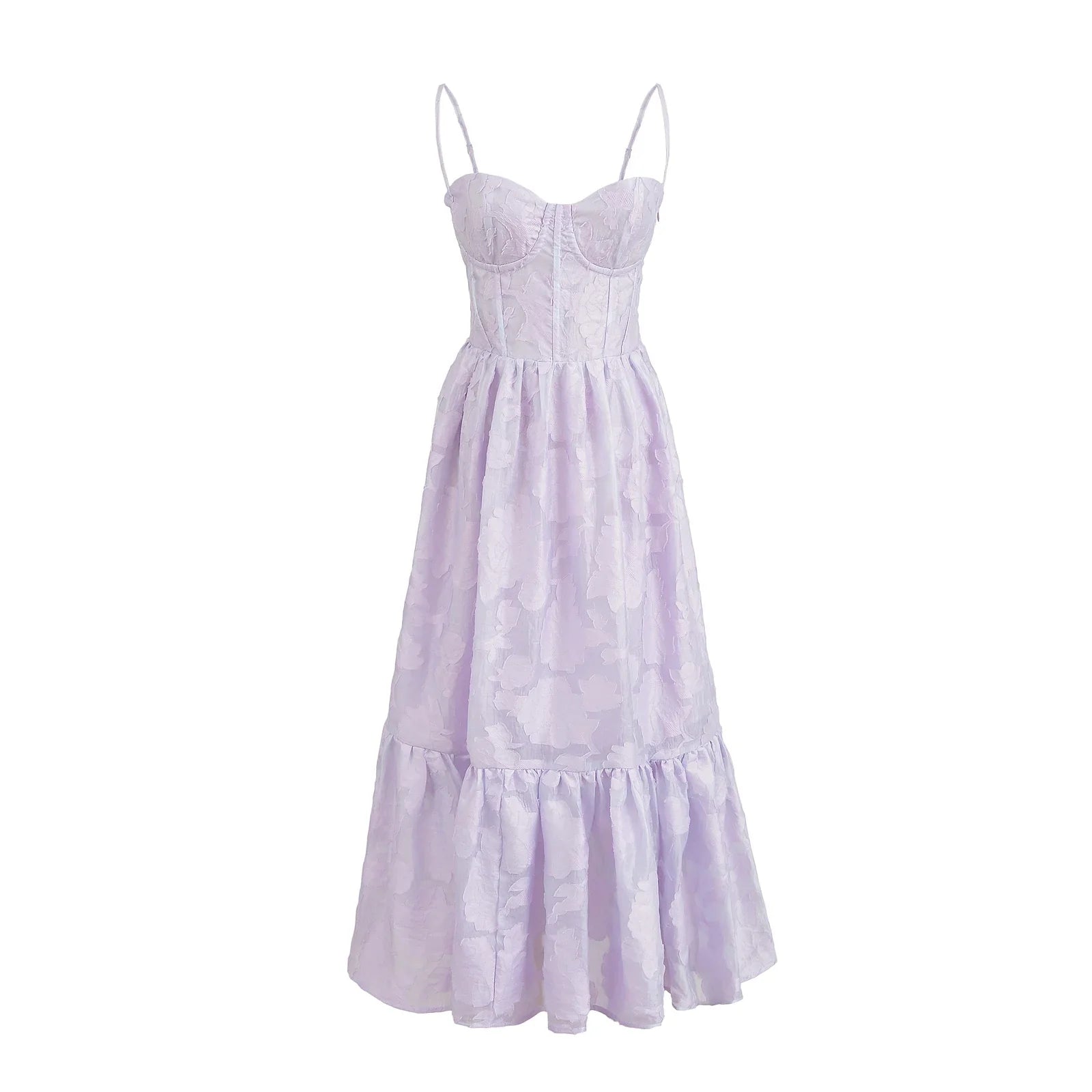 Jacquard Print Back Tie Up Strap Midi Dress