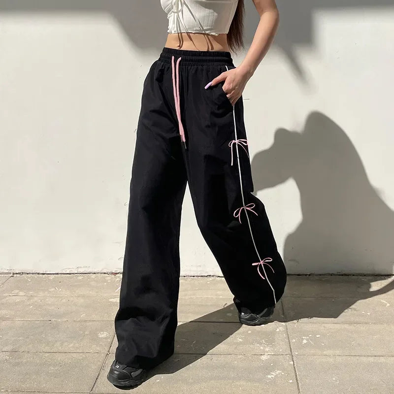 Black Side Bow Drawstring Straight Sweatpants