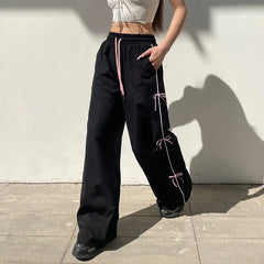 Black Side Bow Drawstring Straight Sweatpants