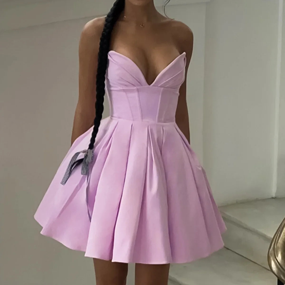 Purple Deep Neck Tube A-line Flare Mini Dress