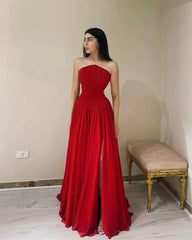 Red Pleated Strapless Slit Maxi Dress