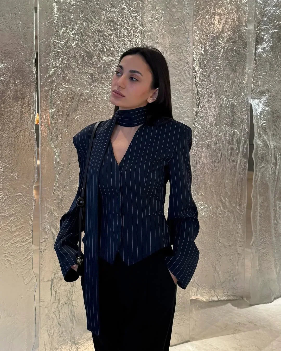 Stripe Tailored Coat With Scarf Top