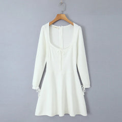 Ribbed Square Neck Long Sleeve Ribbion Mini Dress