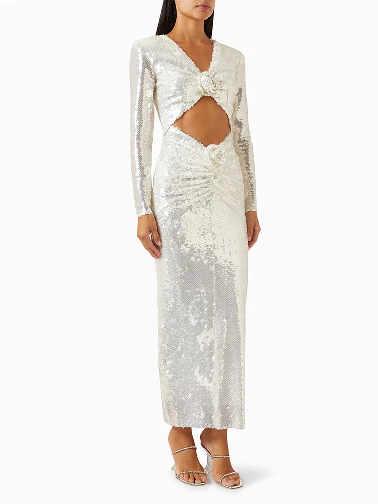 White Sequin Long Sleeve Flower Maxi Dress