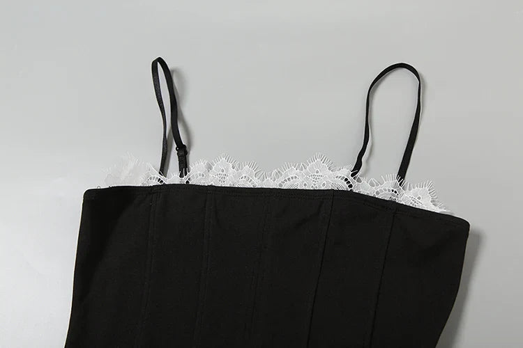 Black Solid Cami Lace Frill Trim Mini Dress
