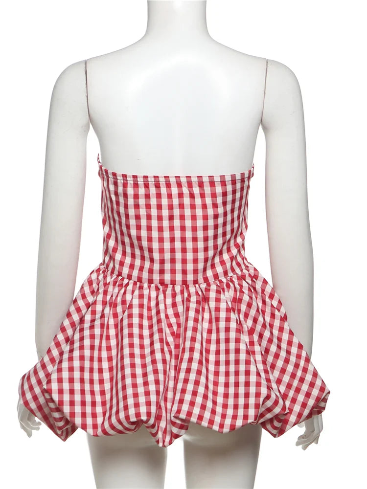 Red And White Checkered Print Strapless Top