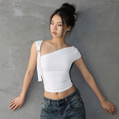 Asymmetric Strap Buckle Sleeve Crop Top
