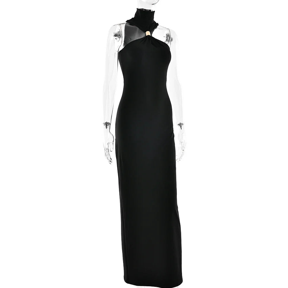 Halter Gold Turtleneck Maxi Dress