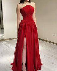 Red Pleated Strapless Slit Maxi Dress