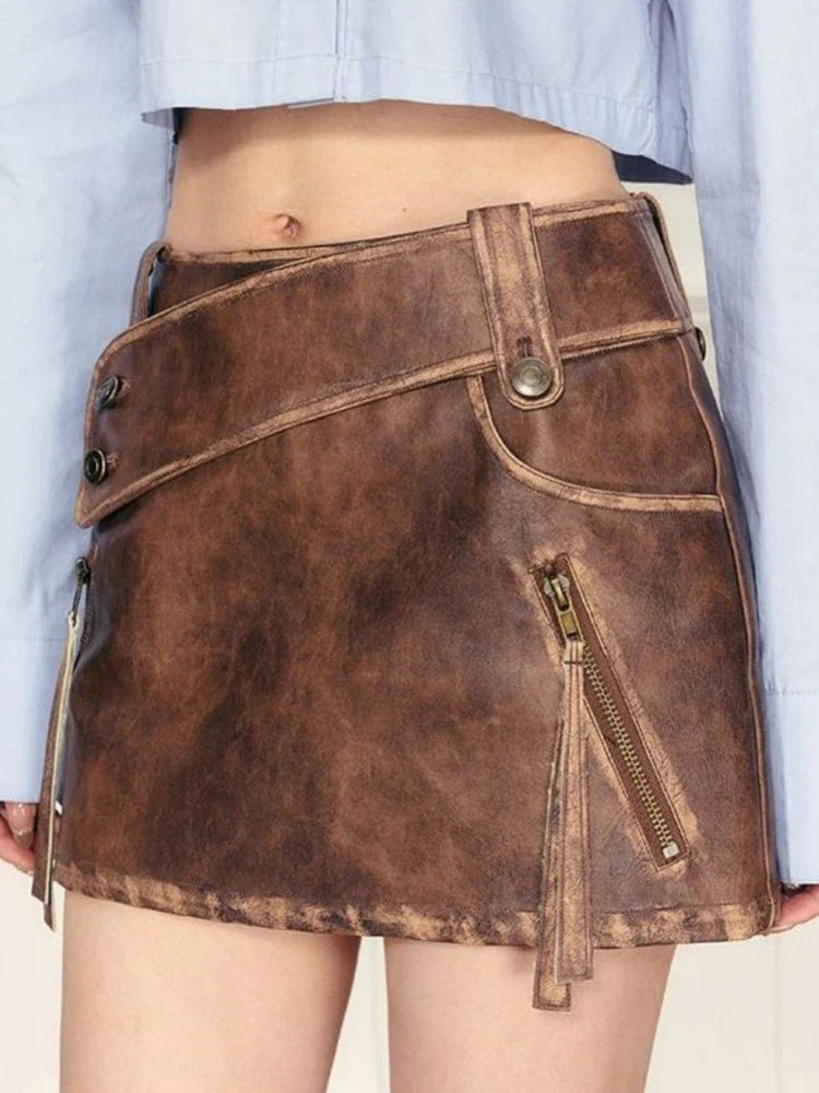 PU Leather High Waist A-Line Zipper Design Belted Mini Skirt