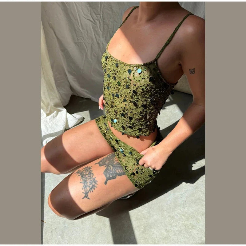 Sequins See Through Tank Top And Skirt Set
