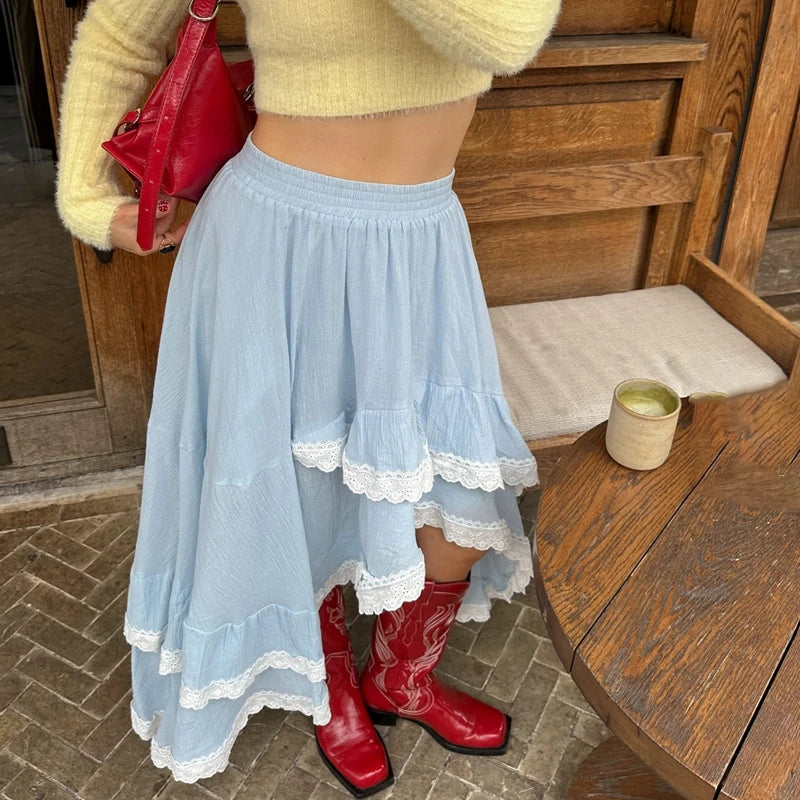 Ruffle Layered Lace Trim Maxi Skirt