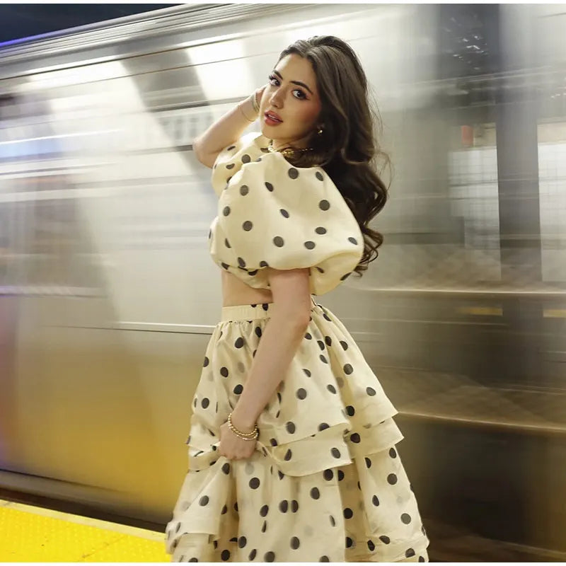 Polka Dot Bubble Sleeve Top And Ruffles Maxi Skirt Set