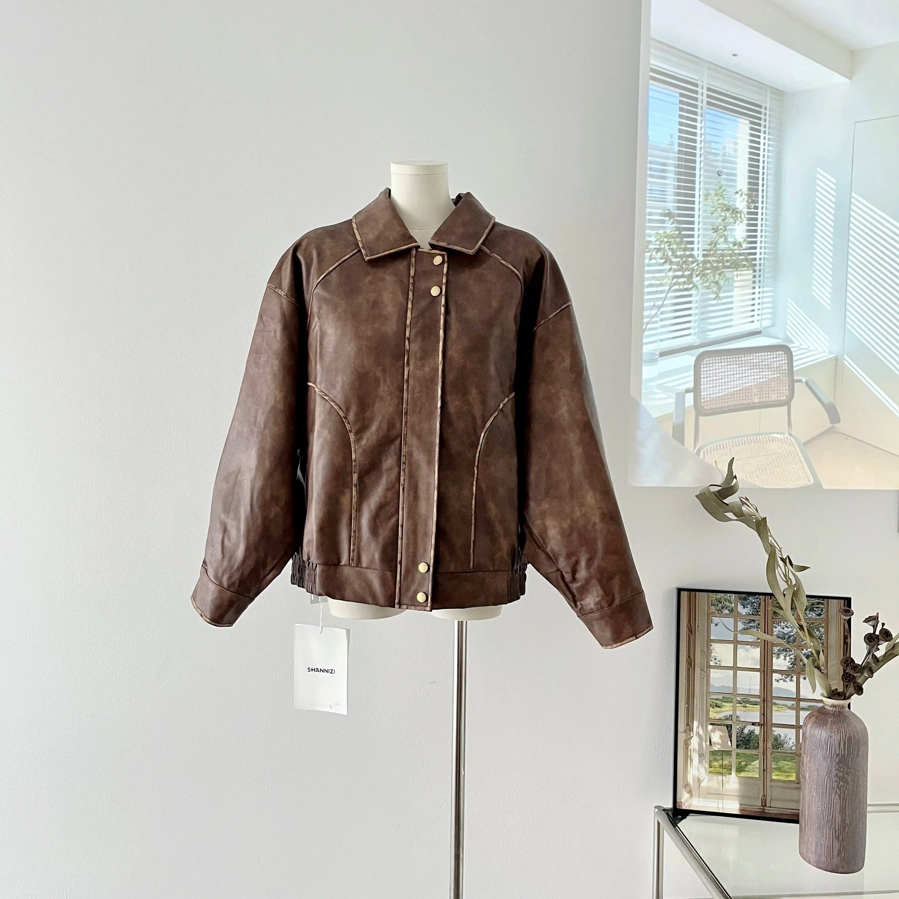 Faux Leather Zipper Over-shirt Jacket