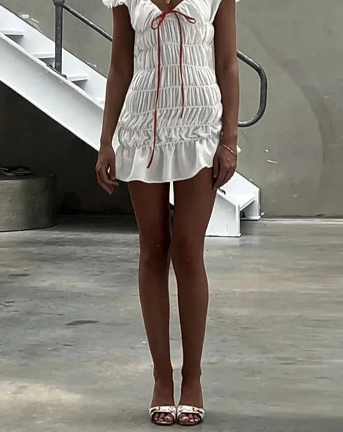 Ruched Drawstring Short Sleeve Mini Dress