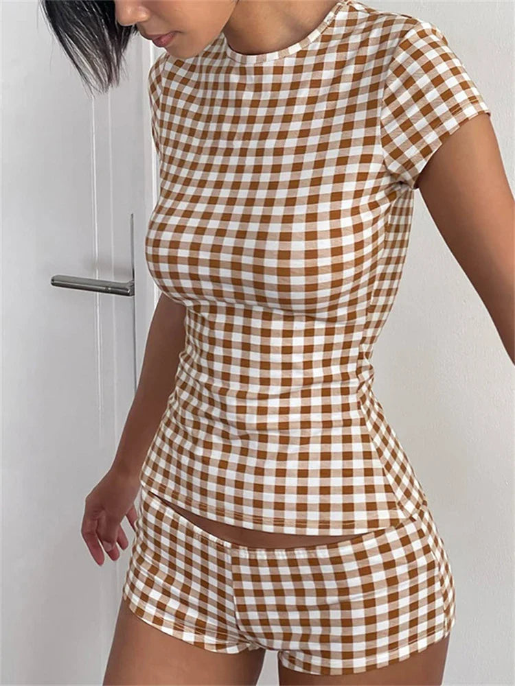 Brown Plaid Short Sleeve Top And Shorts Set 