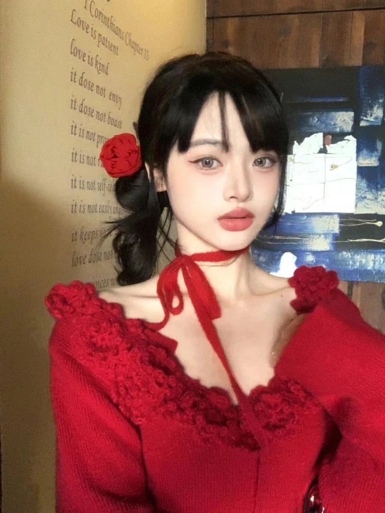 Red 3D Flower Off-Shoulder Long Sleeve Top