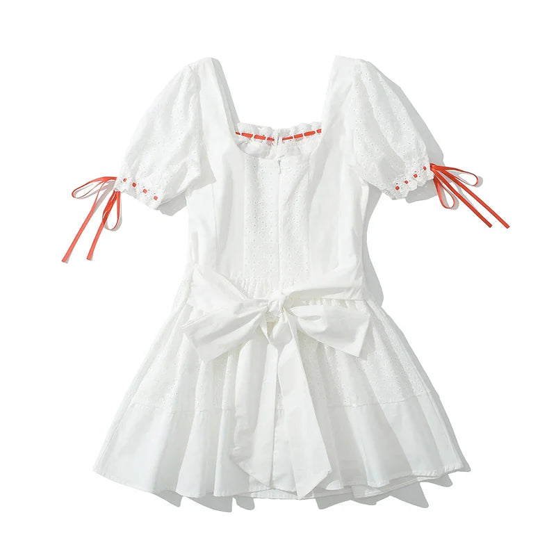 White Puff Sleeve Red Ribbon Lace Up Mini Dress