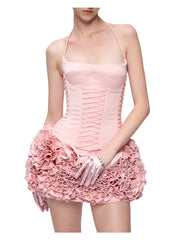 Pink Satin Corset And Frill 3d  Flower Mini Dress