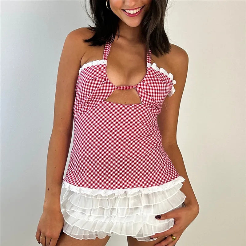 Plaid Halter Lace Trim Top