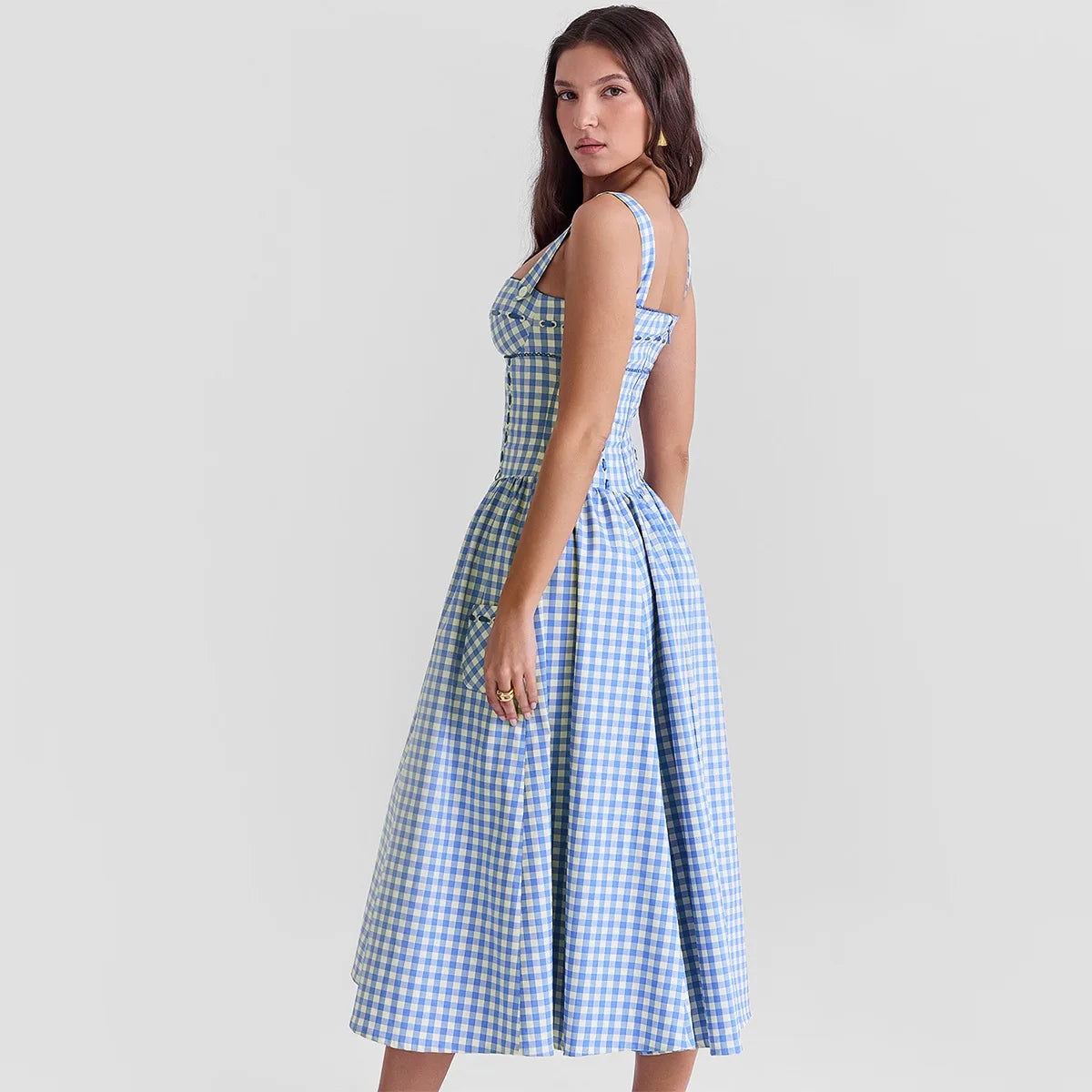 Blue Gingham Strap Midi Dress