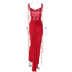 Red Tie Up Strap Open Back 3d Flower Maxi Dress